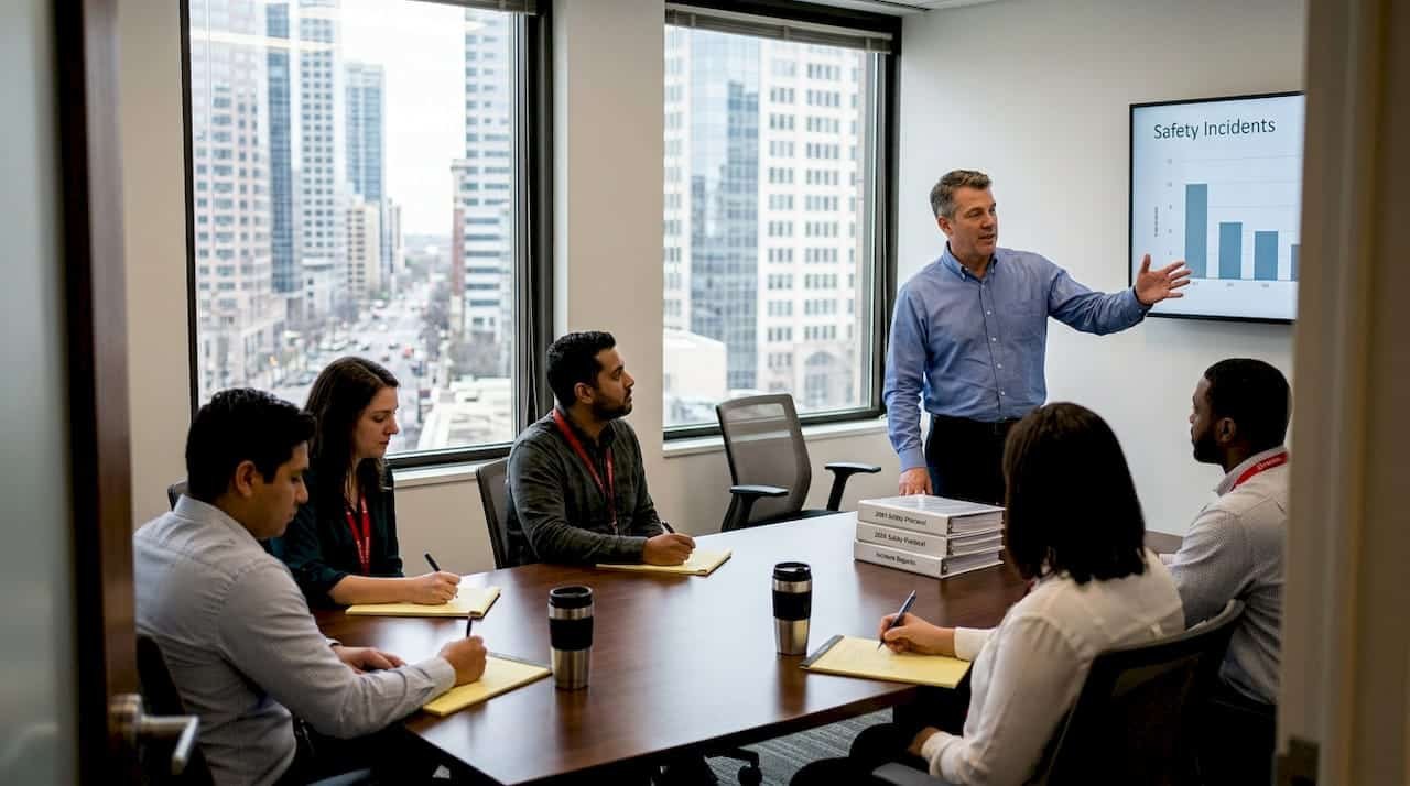 Office team discusses safety policy in meeting