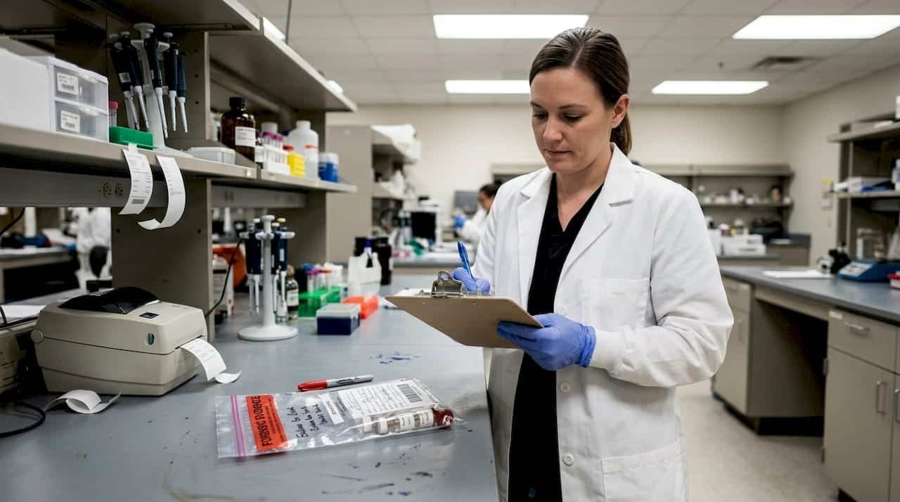 Lab technician logs drug evidence in forensic lab