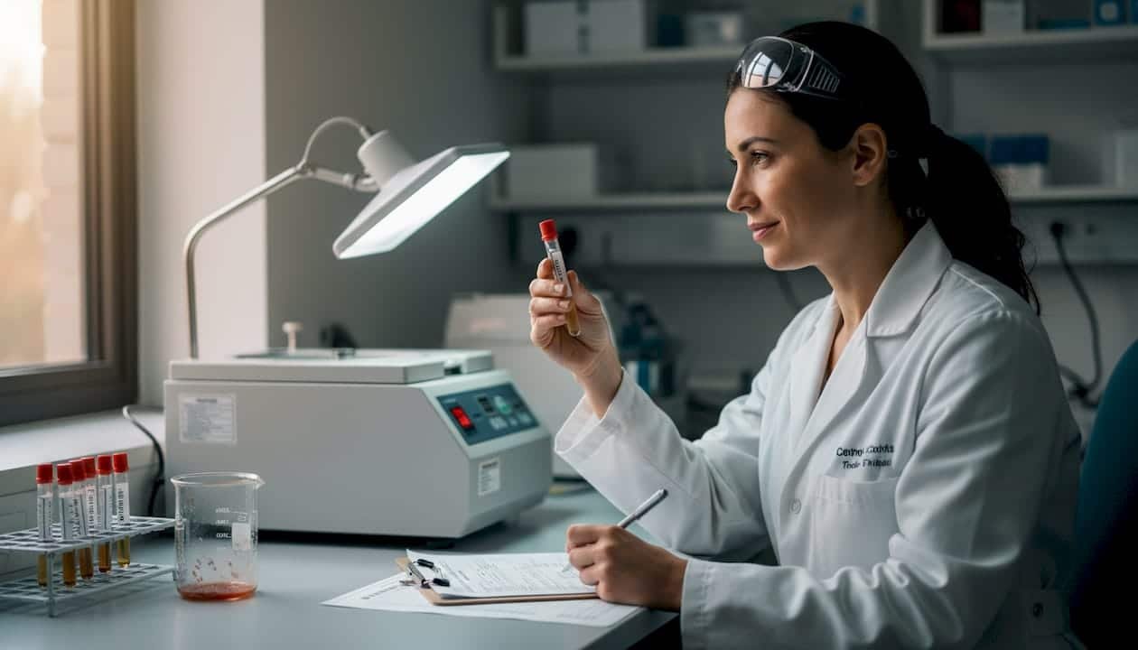 Lab technician examining urine sample at workstation