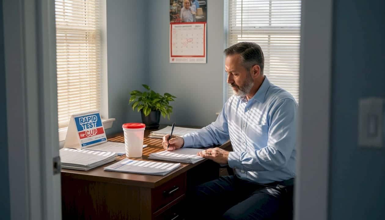 Clinician reviewing patient file with specimen cup