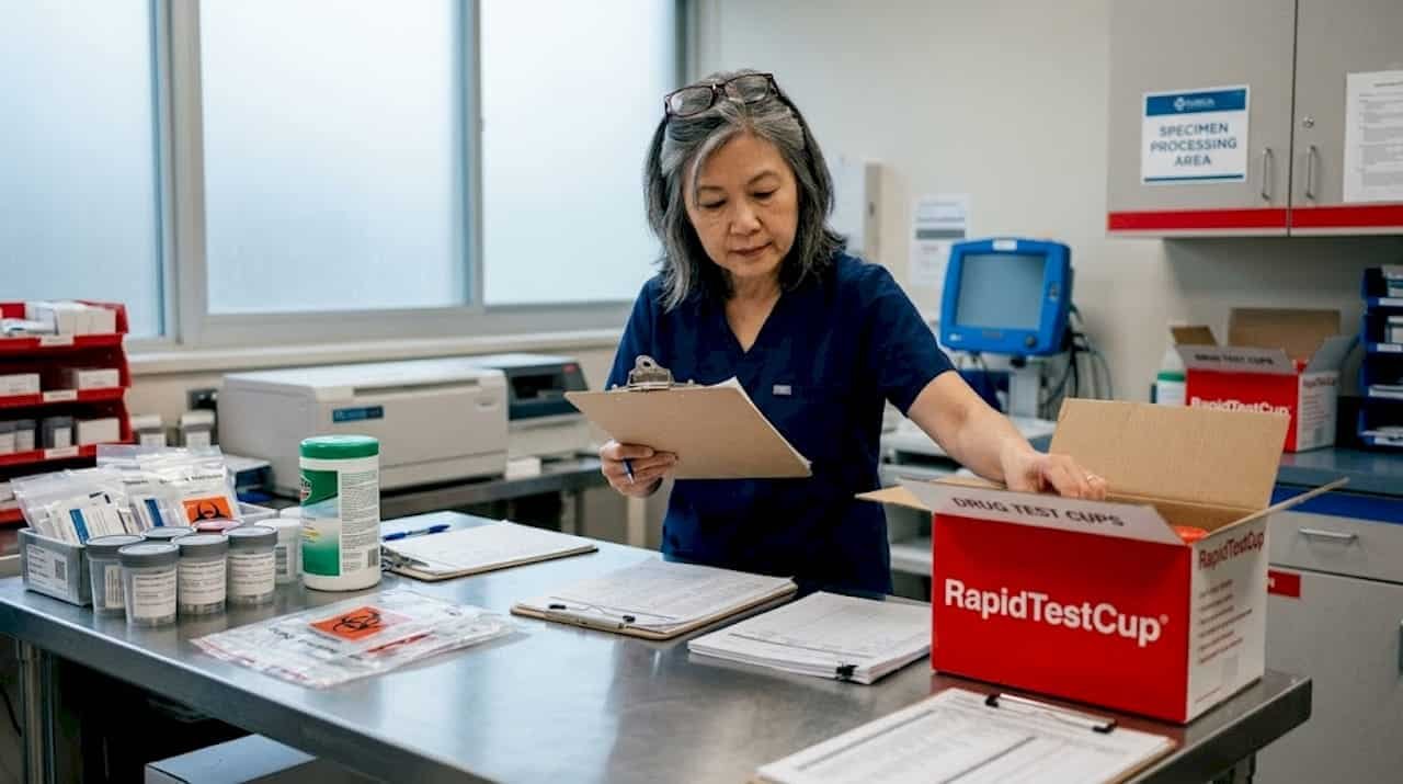 Clinic supervisor preparing drug testing supplies