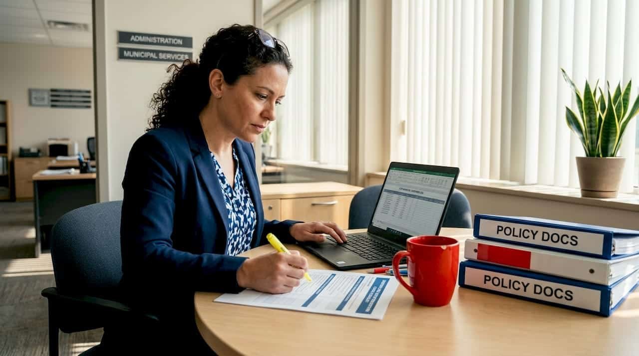Woman cross-referencing prevention checklist at office table