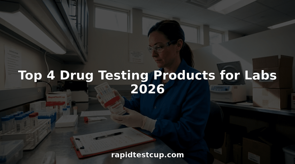 Lab technician examining drug test cup at workbench