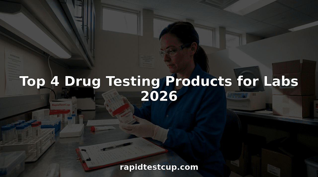 Lab technician examining drug test cup at workbench