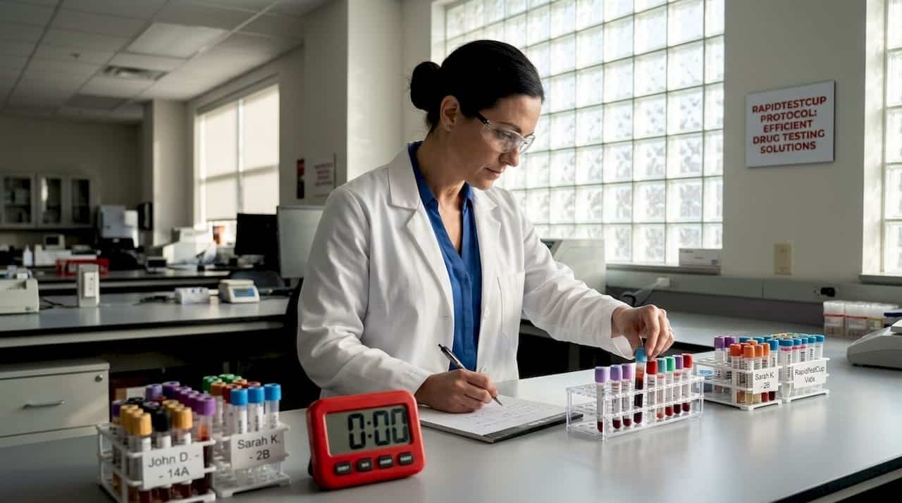 Lab technician organizing specimen tubes in laboratory