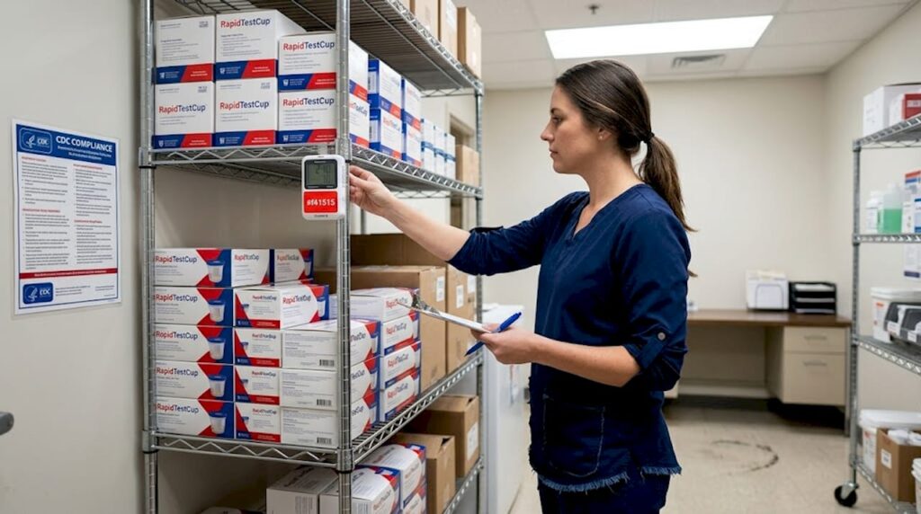 Lab technician checking test kit storage setup