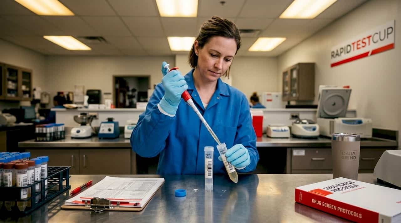 Lab technician divides urine sample into two bottles