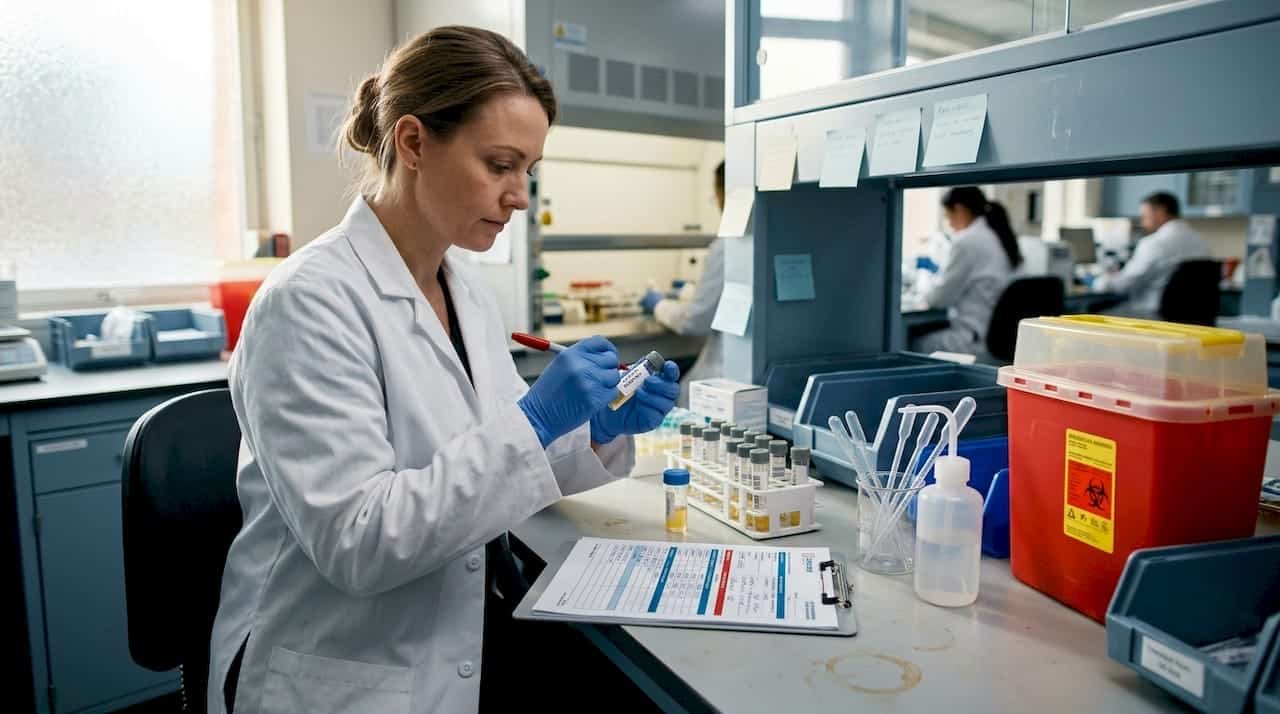 Technician labeling urine samples in laboratory setting