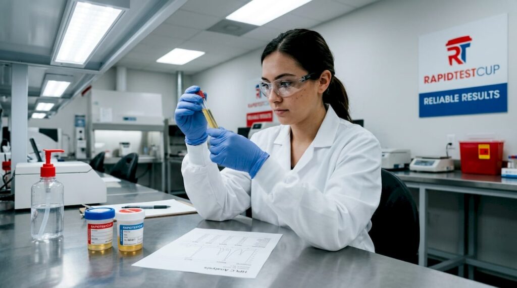Lab technician analyzes drug metabolism samples