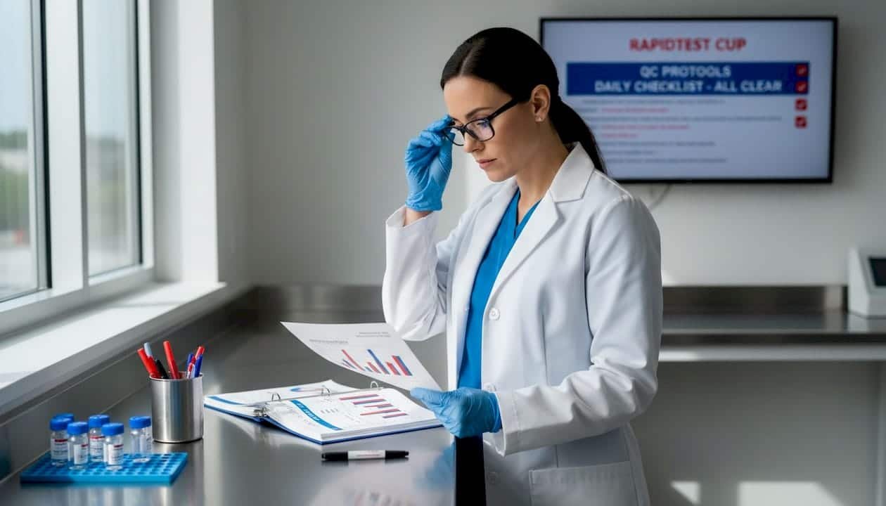 Lab supervisor reviews QC report in bright lab