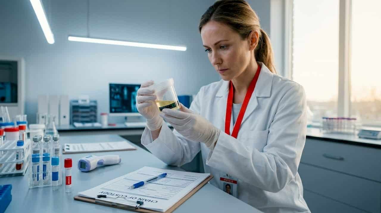 Lab technician checks specimen cup temperature