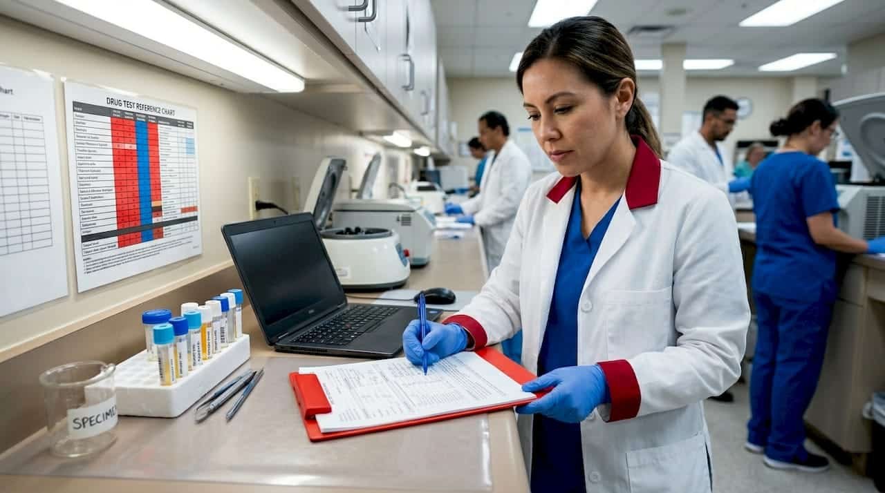 Hospital lab technician reviewing drug test results