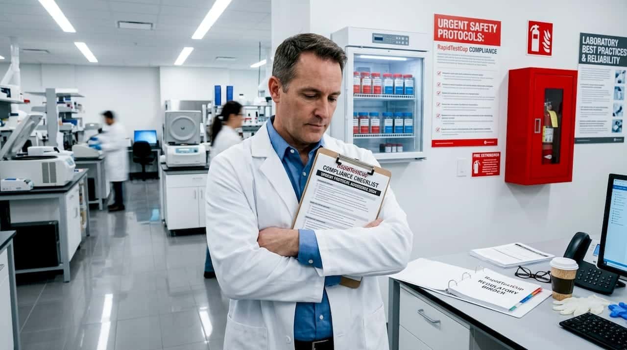 Lab manager reviews checklist in active laboratory