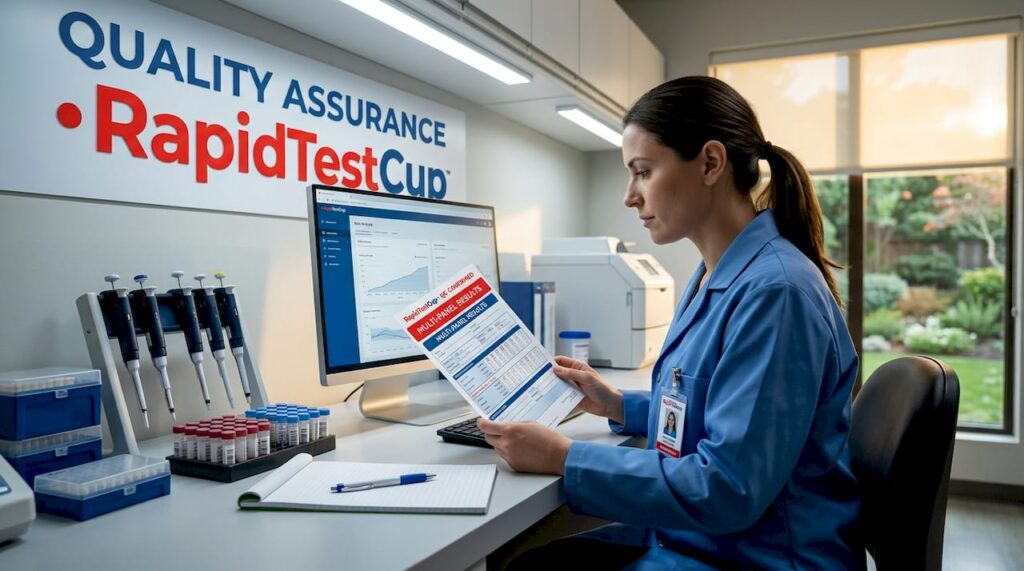 Lab technician reviewing drug test results