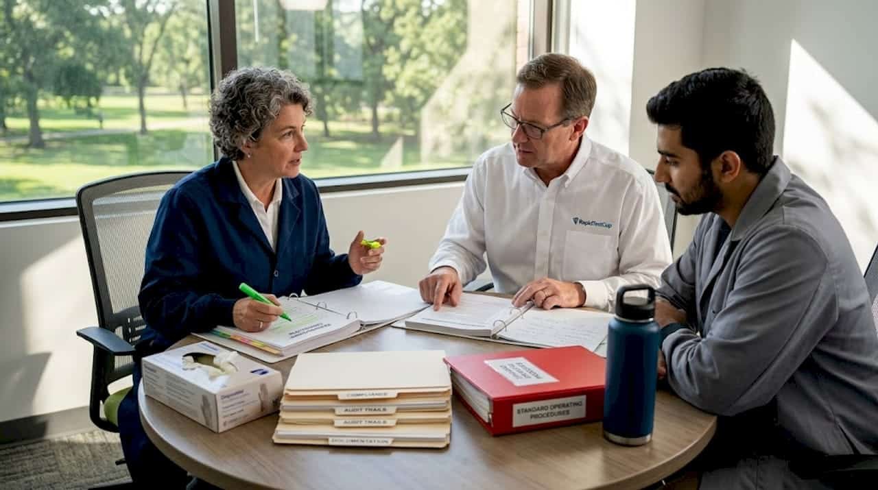 Lab staff meeting about compliance documentation