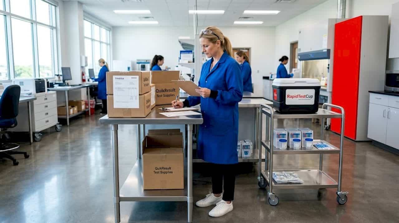 Lab manager reviewing bulk supply shipment