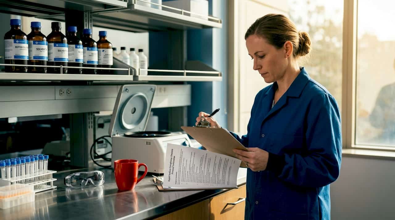 Lab professional checking compliance checklist