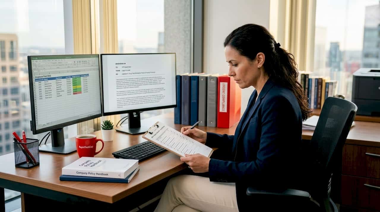 HR manager reviewing compliance checklist at office desk
