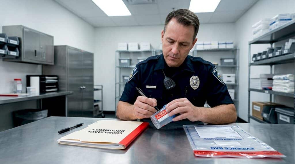 Officer labeling specimen cup in office