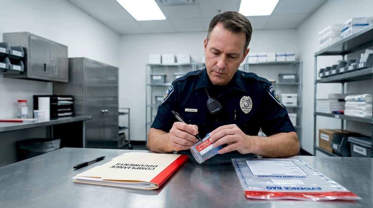 Officer labeling specimen cup in office