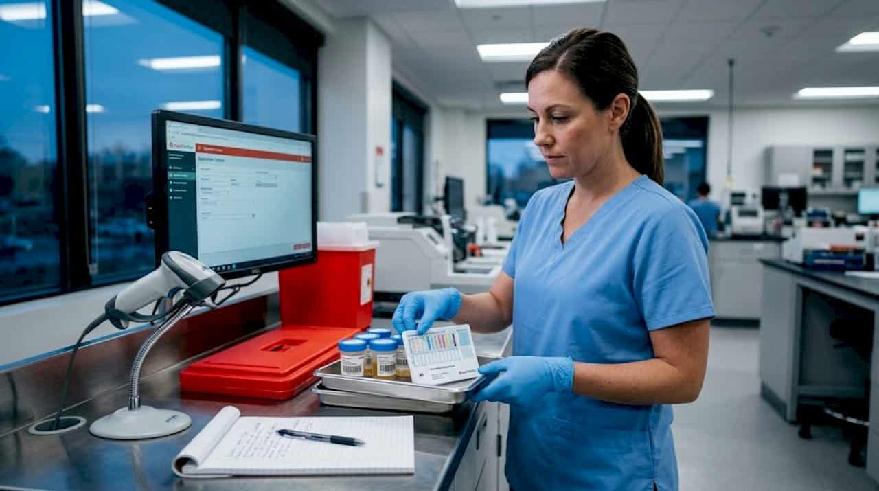 Lab technician preparing drug test panel at workstation