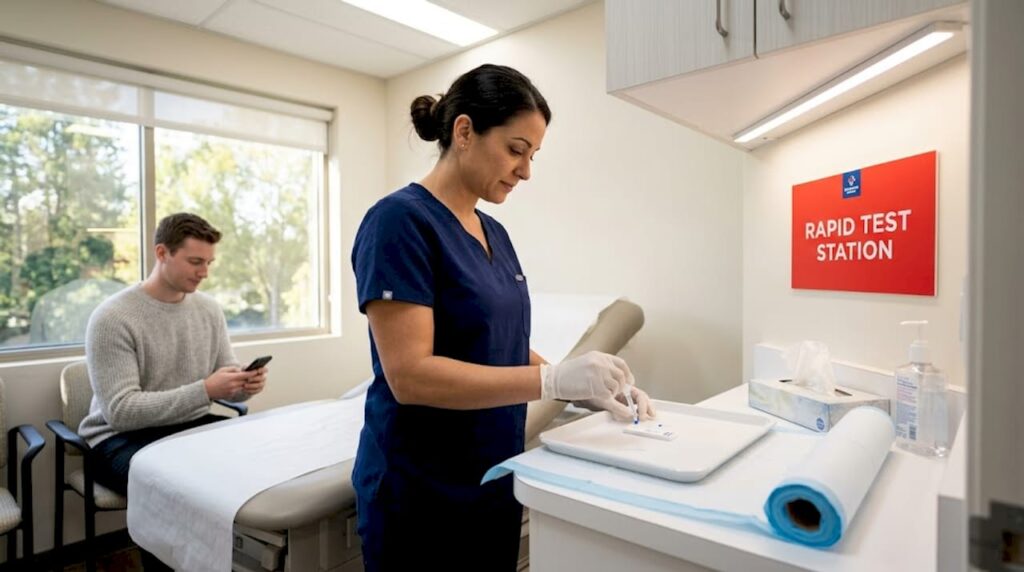 Nurse prepares rapid test kit in clinic room