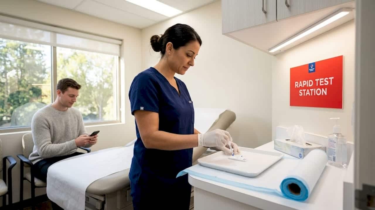 Nurse prepares rapid test kit in clinic room