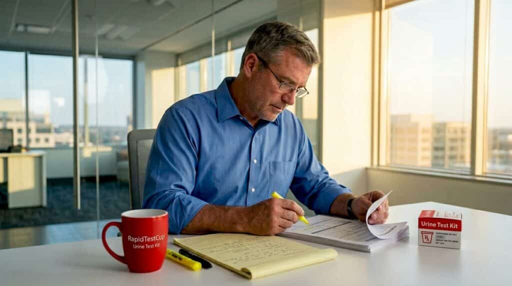 HR specialist reviewing workplace drug testing materials