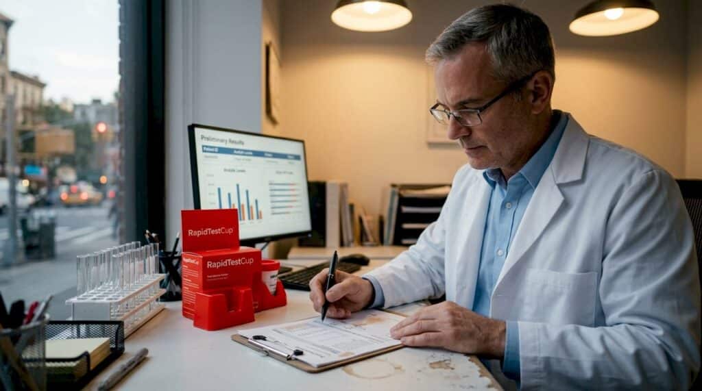 Laboratory technician reviewing drug test documents