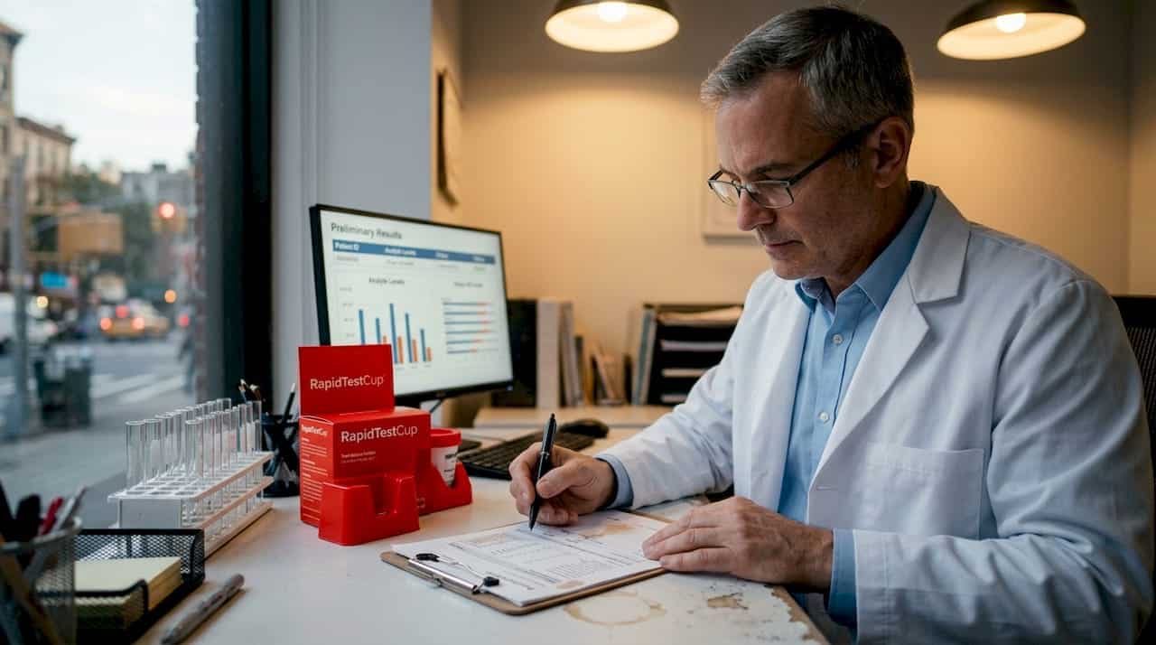 Laboratory technician reviewing drug test documents