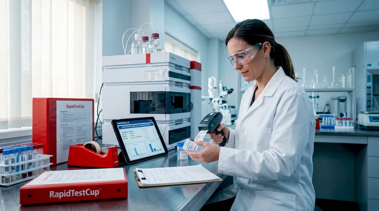 Forensic scientist labeling specimen in lab