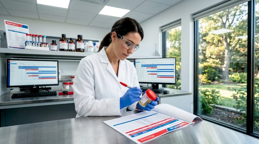 Laboratory technician labeling specimen in drug testing lab