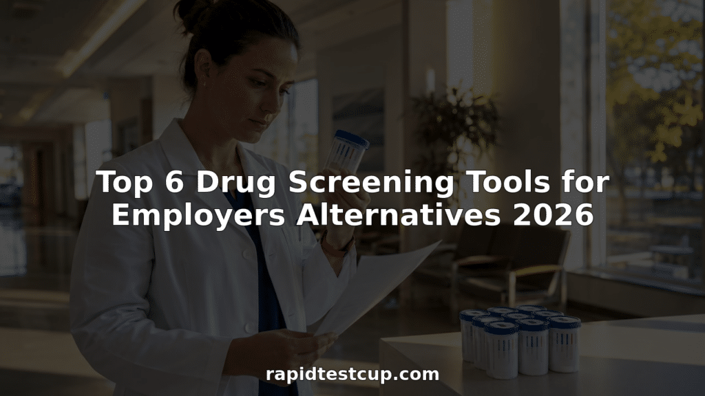 Healthcare worker examining drug screening test cup at desk