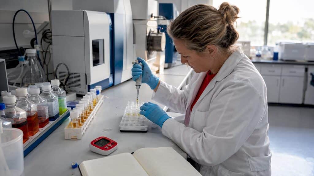 Lab technician handling synthetic drug samples