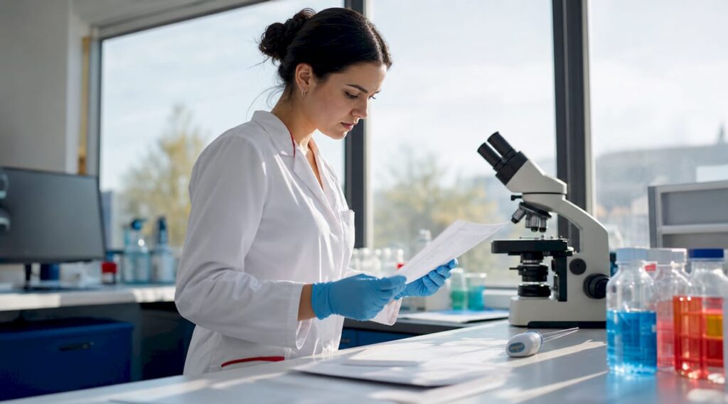 Lab technician reviewing drug test results