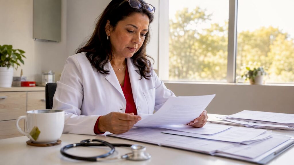 Occupational health specialist reviewing drug test compliance documents