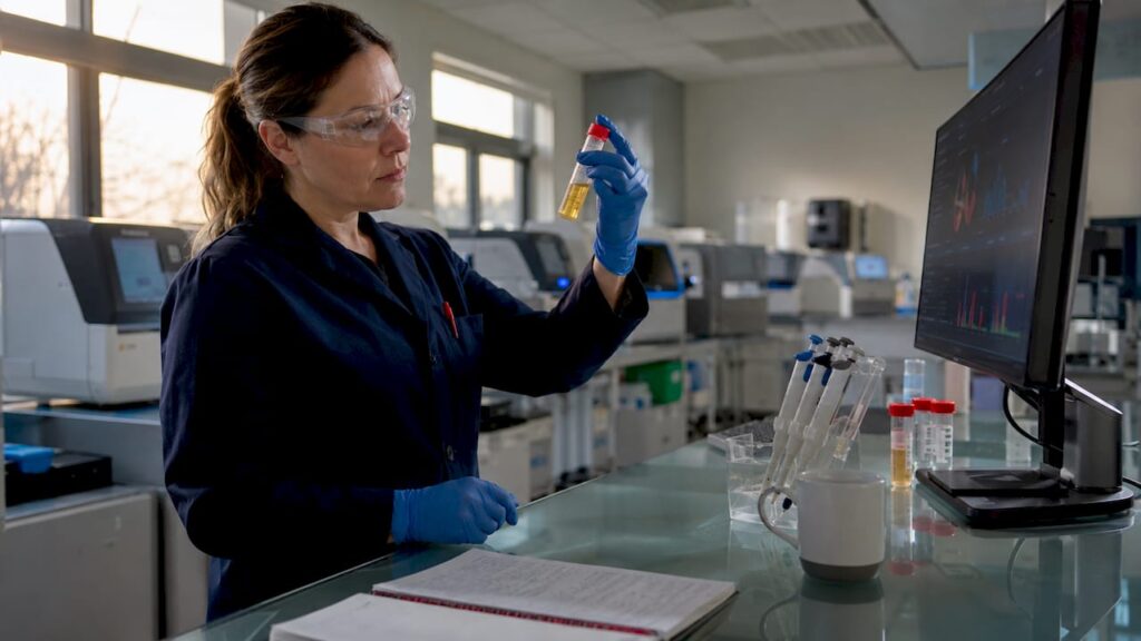 Laboratory technician analyzing drug test sample