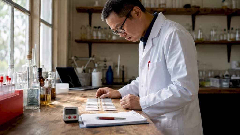 Lab technician examining drug test cassettes