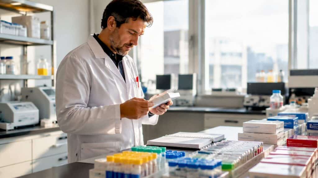 Technician checking drug test kit expiration dates