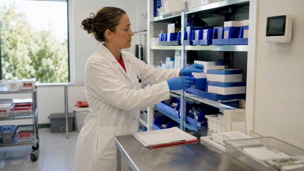 Lab technician organizing drug test kits