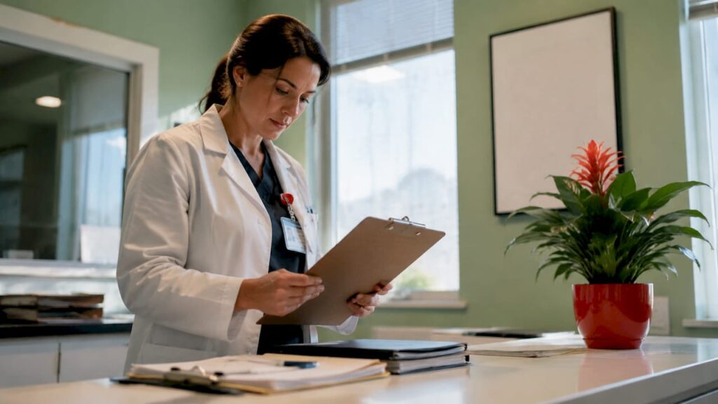 Medical technician verifying drug testing documents at intake