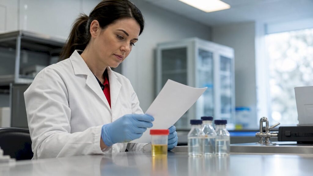 Lab scientist reviewing drug cutoff protocol