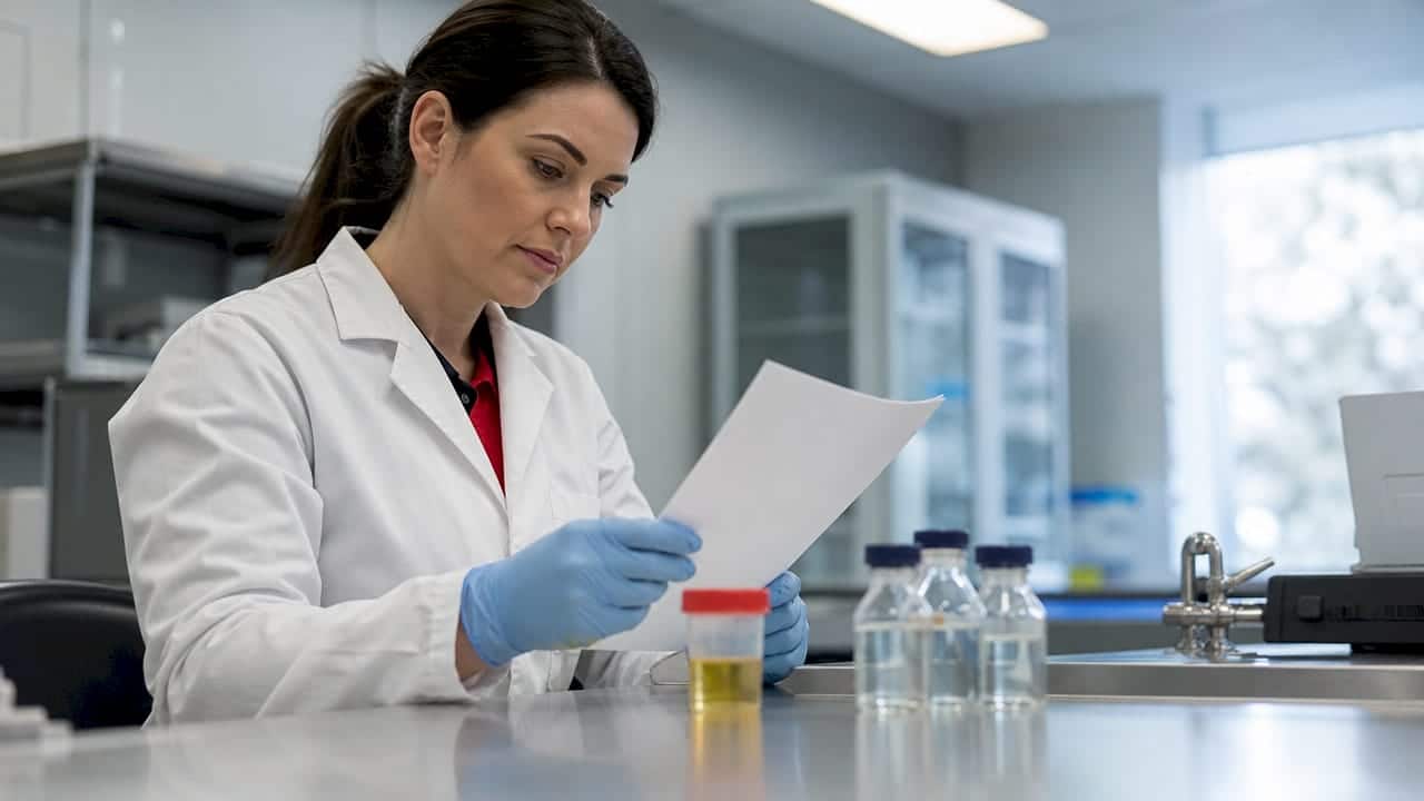 Lab scientist reviewing drug cutoff protocol