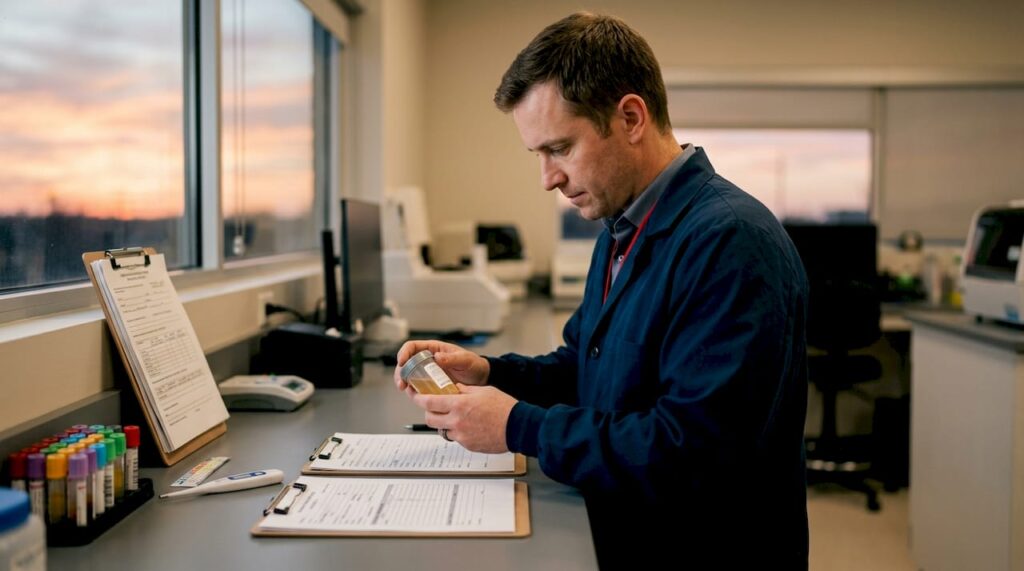 Lab technician handling urine specimen and paperwork