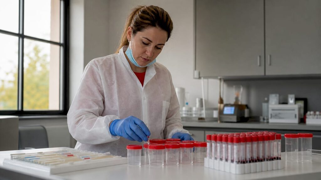 Lab professional organizing specimen collection tools