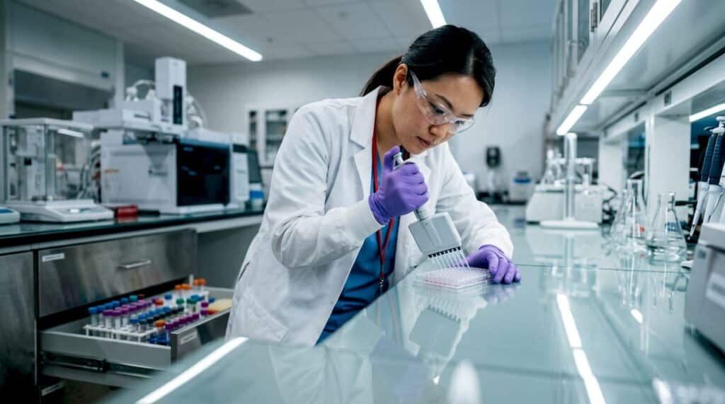 Scientist preparing samples for drug metabolite testing