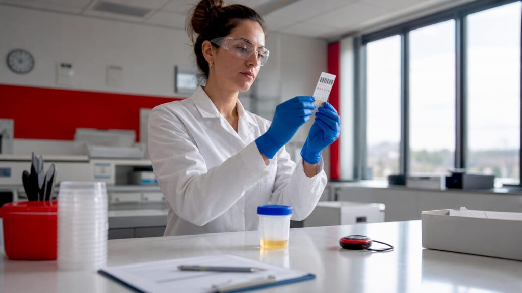 Technician inspecting dip card and drug test cup side by side
