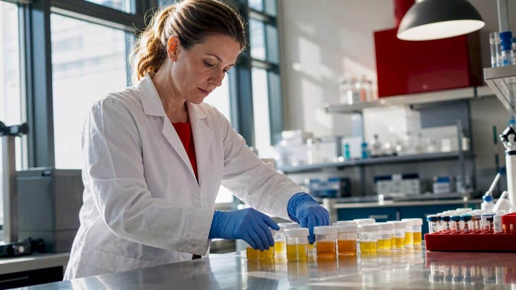 Laboratory technician labeling urine sample in clinical lab