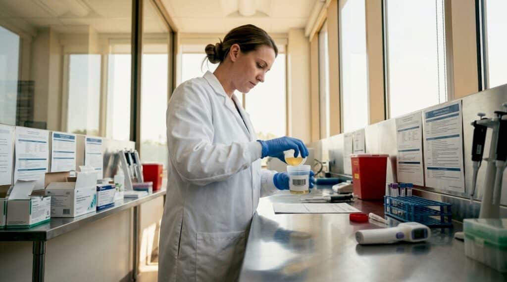 Lab technician handling urine specimen for testing
