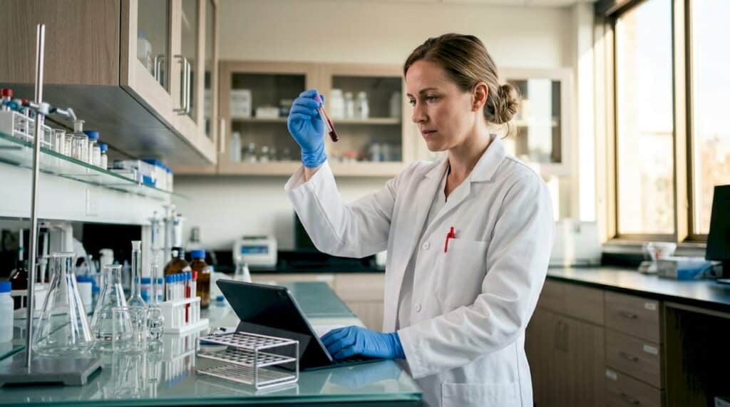 Lab technician handling blood sample tube carefully